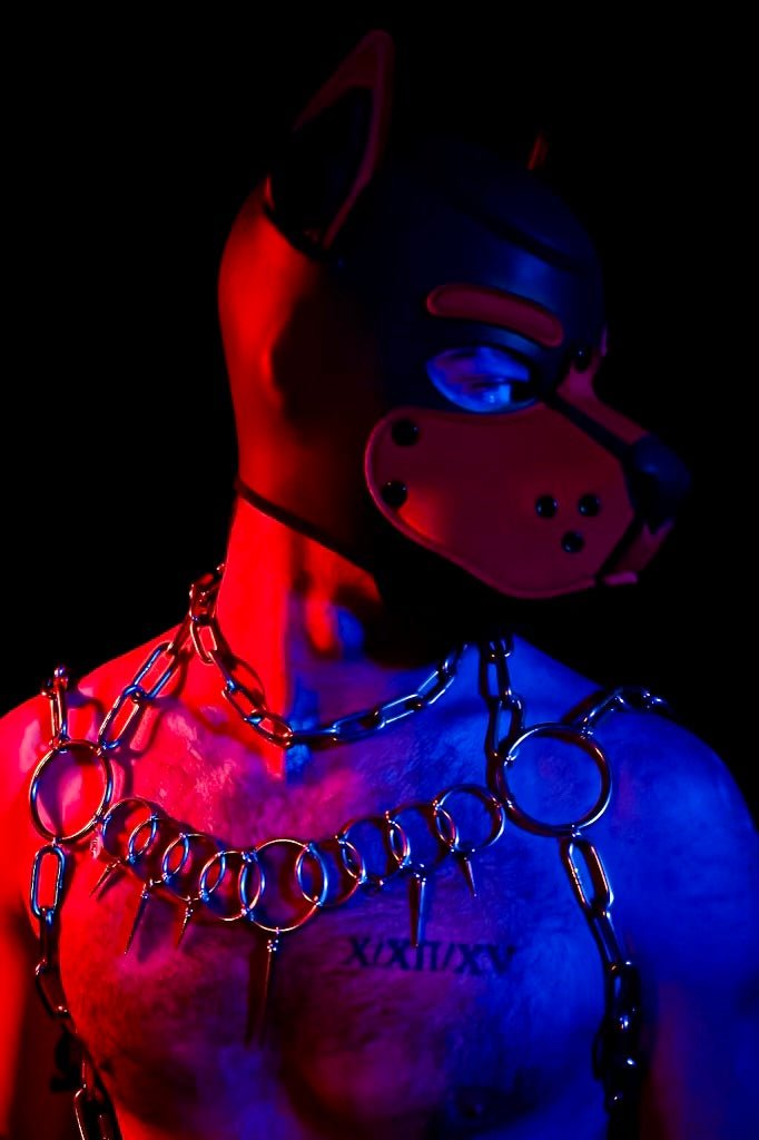 A person in a pup mask wearing a bold stainless steel body harness featuring an array of circular rings across the chest. The geometric design adds structure, while the layered chains create an industrial, artistic look. triangle necklace compliments this piece.