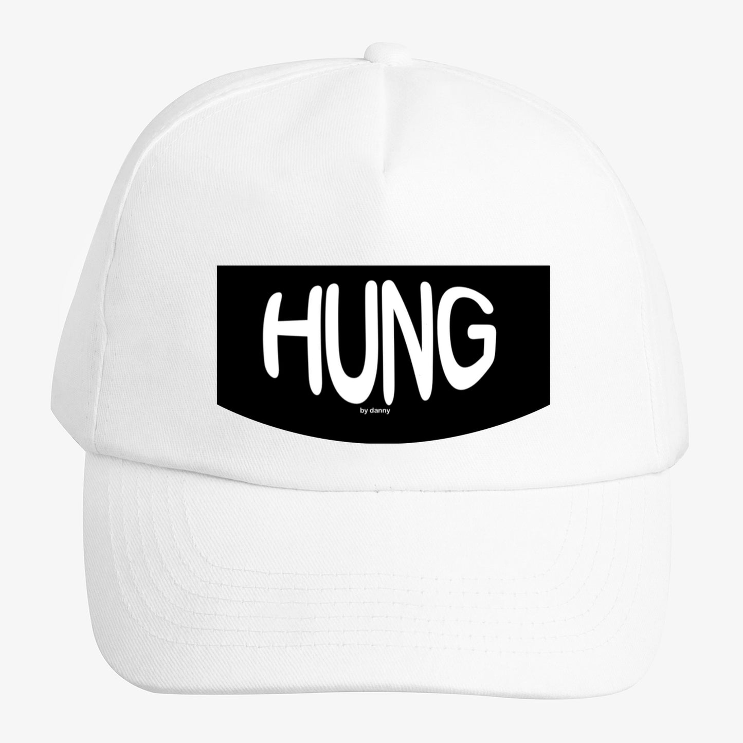 Adjustable white snapback hat with “HUNG” design embroidered on the front, perfect for playful fashion and bold self-expression.